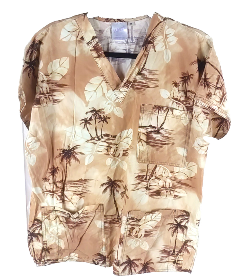 Scrubs Women's Scrub Top Size Medium Vintage Brown Tan Palm Trees